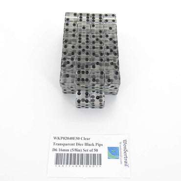 WKP02040E50 Clear Transparent Dice Black Pips D6 16mm (5/8in) Set of 50 (ONLINE ORDER ONLY)