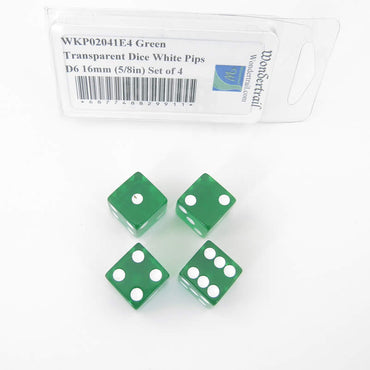 WKP02041E4 Green Transparent Dice White Pips D6 16mm (5/8in) Set of 4 (ONLINE ORDER ONLY)