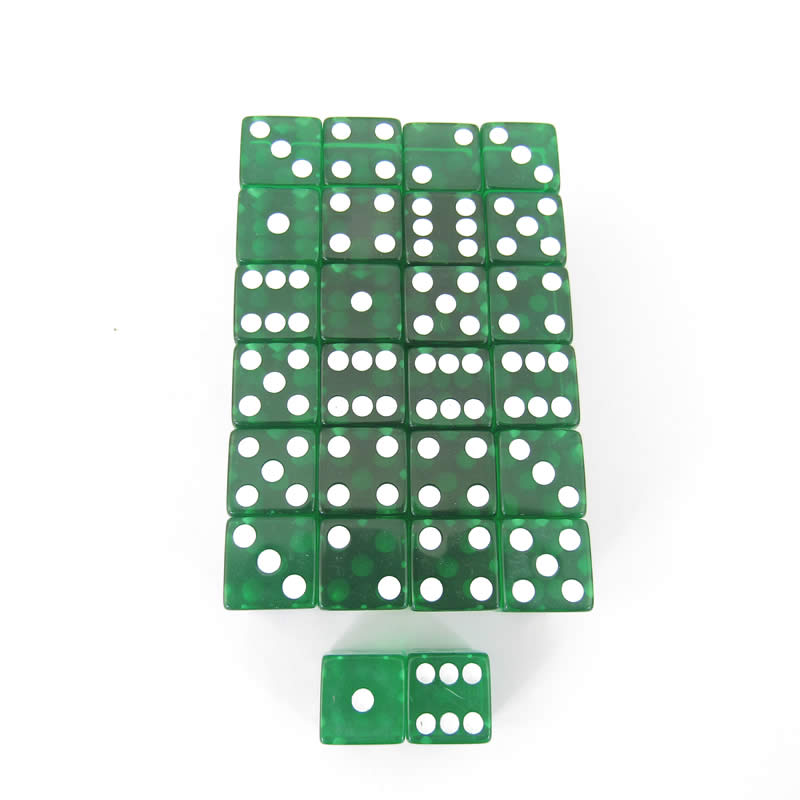 WKP02041E50 Green Transparent Dice White Pips D6 16mm (5/8in) Set of 50 (ONLINE ORDER ONLY)