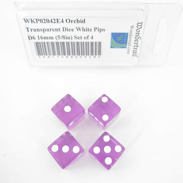 WKP02042E4 Orchid Transparent Dice White Pips D6 16mm (5/8in) Set of 4 (ONLINE ORDER ONLY)