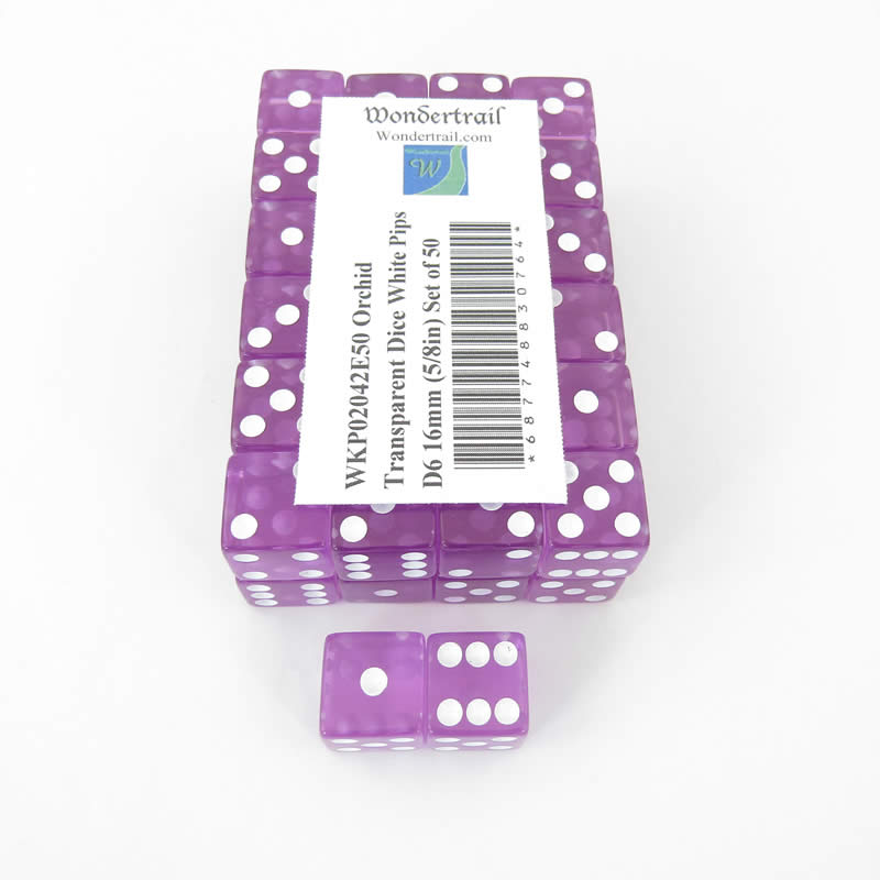 WKP02042E50 Orchid Transparent Dice White Pips D6 16mm (5/8in) Set of 50 (ONLINE ORDER ONLY)