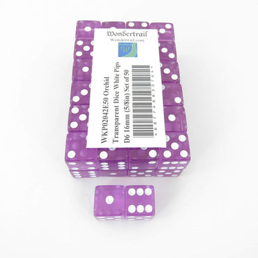 WKP02042E50 Orchid Transparent Dice White Pips D6 16mm (5/8in) Set of 50 (ONLINE ORDER ONLY)