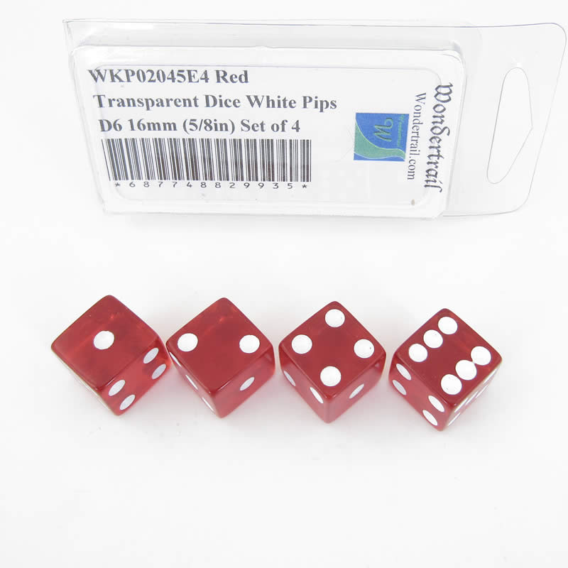WKP02045E4 Red Transparent Dice White Pips D6 16mm (5/8in) Set of 4 (ONLINE ORDER ONLY)