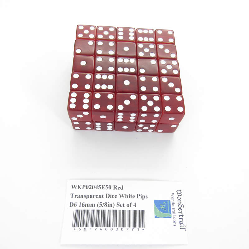 WKP02045E50 Red Transparent Dice White Pips D6 16mm (5/8in) Set of 50 (ONLINE ORDER ONLY)