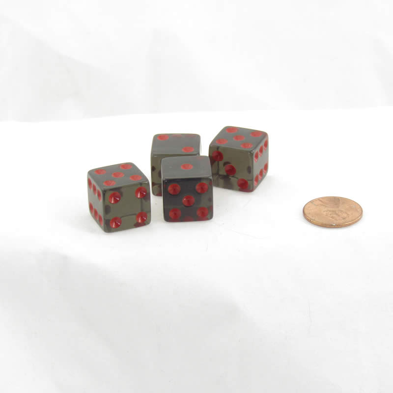 WKP02046E4 Smoke Transparent Dice Red Pips D6 16mm (5/8in) Set of 4 (ONLINE ORDER ONLY)