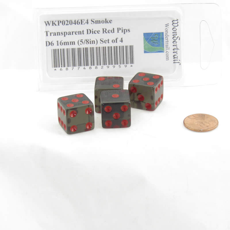 WKP02046E4 Smoke Transparent Dice Red Pips D6 16mm (5/8in) Set of 4 (ONLINE ORDER ONLY)