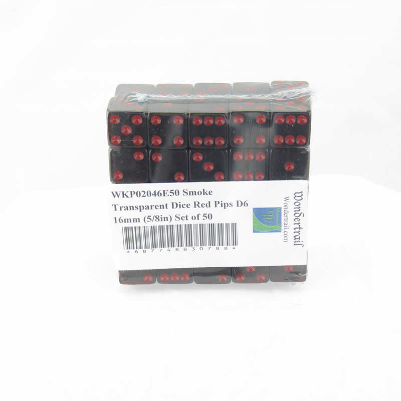 WKP02046E50 Smoke Transparent Dice Red Pips D6 16mm (5/8in) Set of 50 (ONLINE ORDER ONLY)