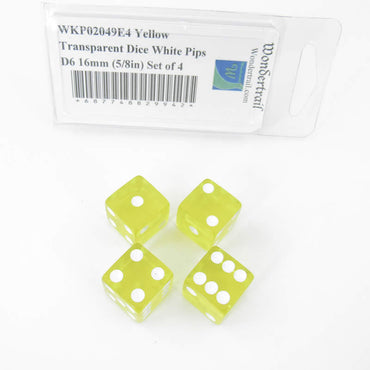 WKP02049E4 Yellow Transparent Dice White Pips D6 16mm (5/8in) Set of 4 (ONLINE ORDER ONLY)