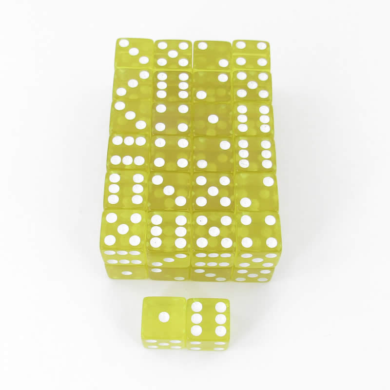 WKP02049E50 Yellow Transparent Dice White Pips D6 16mm (5/8in) Set of 50 (ONLINE ORDER ONLY)