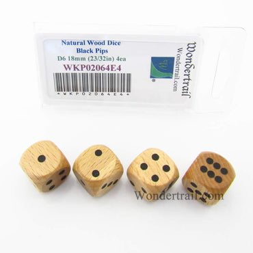 WKP02064E4 Natural Wood Dice Black Pips D6 18mm (23/32in) Pack of 4 (ONLINE ORDER ONLY)