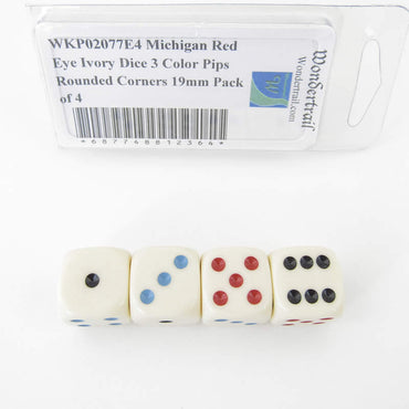 WKP02077E4 Michigan Red Eye Ivory Dice 3 Color Pips Rounded Corners 19mm Pack of 4 (ONLINE ORDER ONLY)