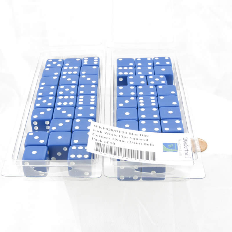 WKP02085E50 Blue Dice with White Pips Squared Corners 19mm (3/4in) Bulk Pack of 50 (ONLINE ORDER ONLY)