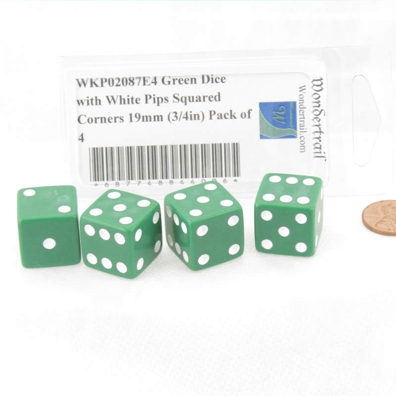 WKP02087E4 Green Dice with White Pips Squared Corners 19mm (3/4in) Pack of 4 (ONLINE ORDER ONLY)