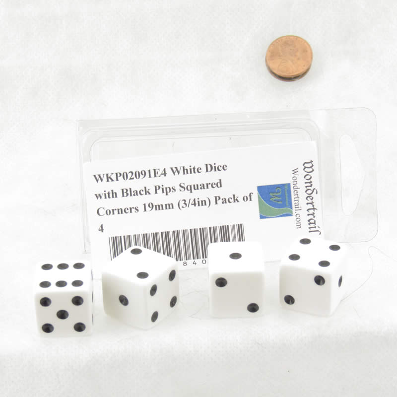 WKP02091E4 White Dice with Black Pips Squared Corners 19mm (3/4in) Pack of 4 (ONLINE ORDER ONLY)
