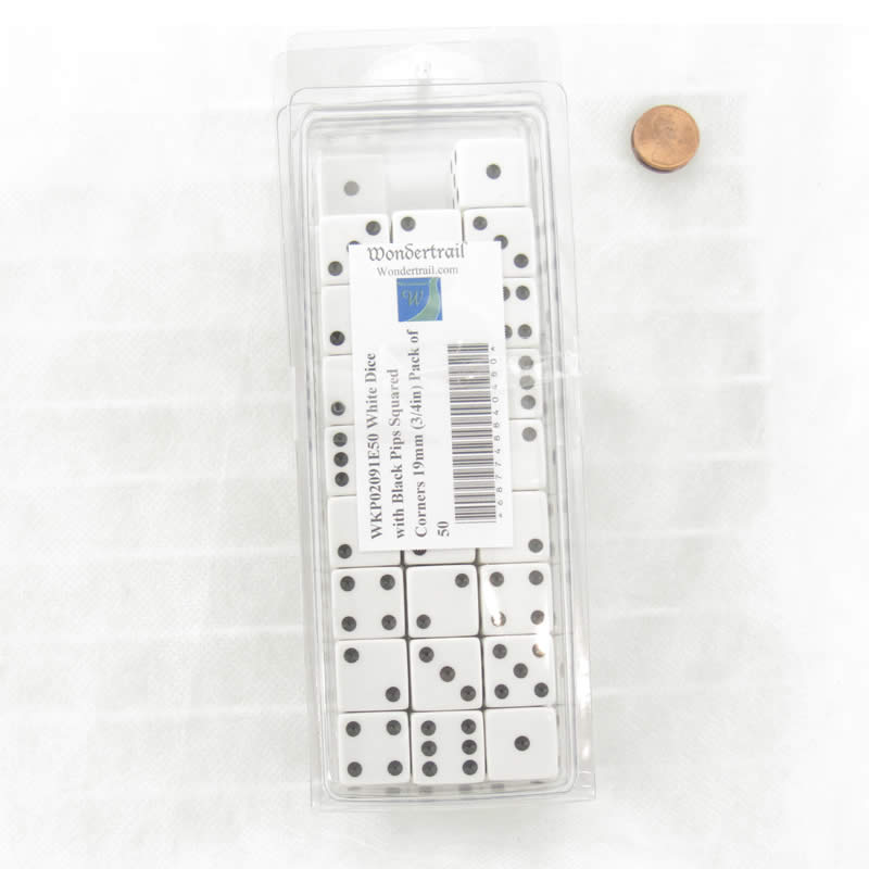 WKP02091E50 White Dice with Black Pips Squared Corners 19mm (3/4in) Pack of 50 (ONLINE ORDER ONLY)