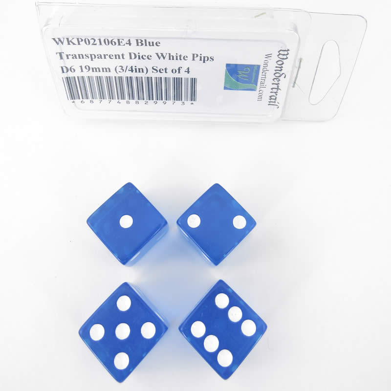 WKP02106E4 Blue Transparent Dice White Pips D6 19mm (3/4in) Set of 4 (ONLINE ORDER ONLY)
