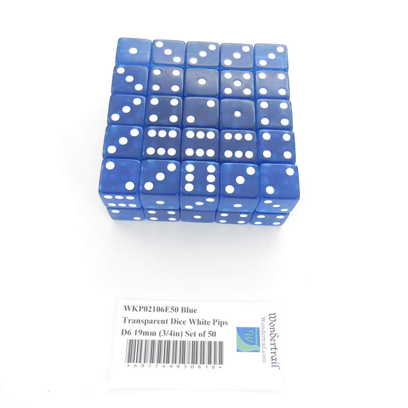 WKP02106E50 Blue Transparent Dice White Pips D6 19mm (3/4in) Set of 50 (ONLINE ORDER ONLY)