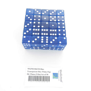 WKP02106E50 Blue Transparent Dice White Pips D6 19mm (3/4in) Set of 50 (ONLINE ORDER ONLY)