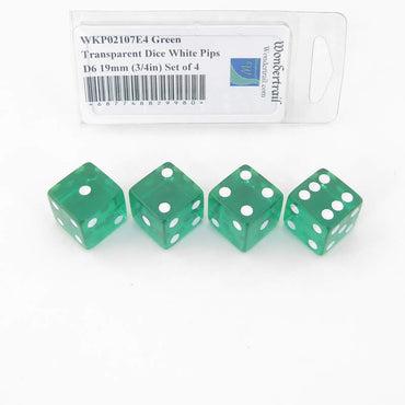 WKP02107E4 Green Transparent Dice White Pips D6 19mm (3/4in) Set of 4 (ONLINE ORDER ONLY)