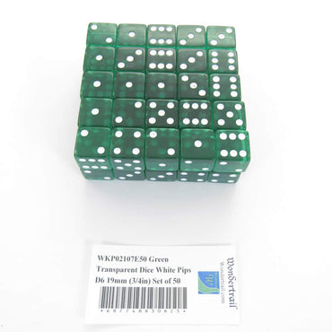 WKP02107E50 Green Transparent Dice White Pips D6 19mm (3/4in) Set of 50 (ONLINE ORDER ONLY)