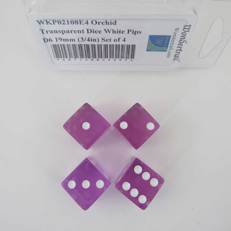 WKP02108E4 Orchid Transparent Dice White Pips D6 19mm (3/4in) Set of 4 (ONLINE ORDER ONLY)