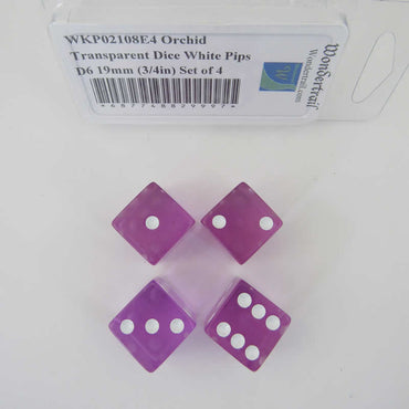 WKP02108E4 Orchid Transparent Dice White Pips D6 19mm (3/4in) Set of 4 (ONLINE ORDER ONLY)