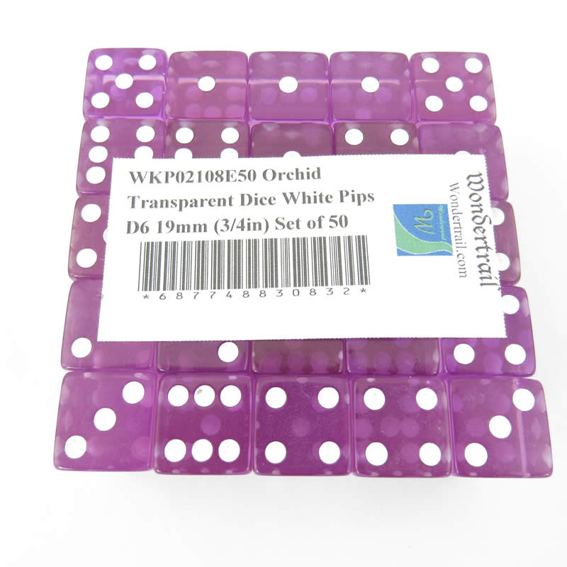 WKP02108E50 Orchid Transparent Dice White Pips D6 19mm (3/4in) Set of 50 (ONLINE ORDER ONLY)