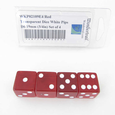 WKP02109E4 Red Transparent Dice White Pips D6 19mm (3/4in) Set of 4 (ONLINE ORDER ONLY)