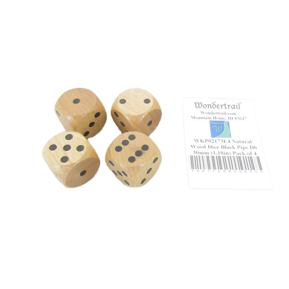 WKP02173E4 Natural Wood Dice with Black Pips D6 30mm (1.18in) Pack of 4 Dice (ONLINE ORDER ONLY)