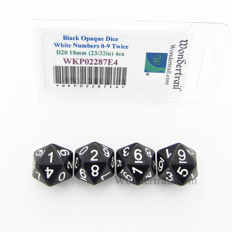 WKP02287E4 Black Opaque Dice White Numbers D20 (0 - 9 Twice) 18mm Pack of 4 (ONLINE ORDER ONLY)