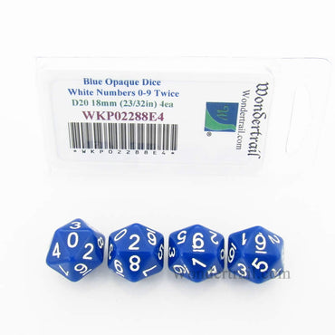 WKP02288E4 Blue Opaque Dice White Numbers D20 (0 - 9 Twice) 18mm Pack of 4 (ONLINE ORDER ONLY)