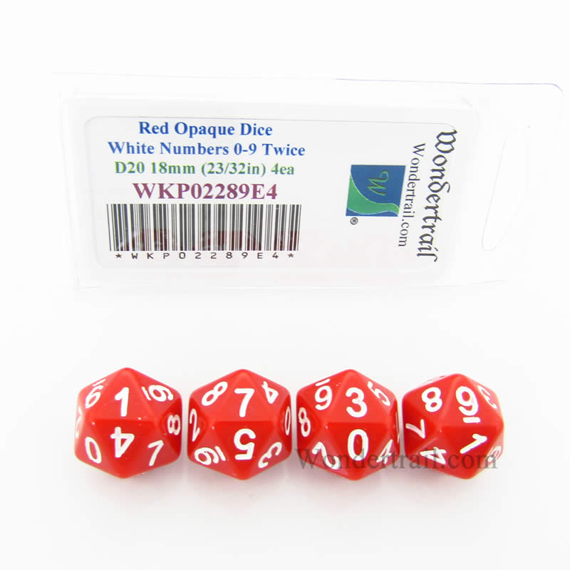 WKP02289E4 Red Opaque Dice White Numbers D20 (0 - 9 Twice) 18mm Pack of 4 (ONLINE ORDER ONLY)