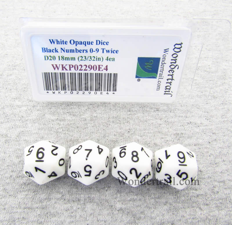 WKP02290E4 White Opaque Dice Black Numbers D20 (0 - 9 Twice) 18mm Pack of 4 (ONLINE ORDER ONLY)