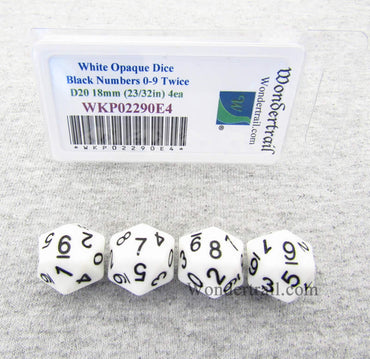 WKP02290E4 White Opaque Dice Black Numbers D20 (0 - 9 Twice) 18mm Pack of 4 (ONLINE ORDER ONLY)
