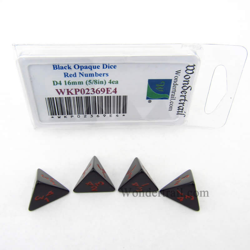 WKP02369E4 Black Opaque Dice Red Numbers D4 16mm (5/8in) Pack of 4 (ONLINE ORDER ONLY)