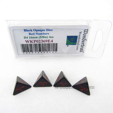 WKP02369E4 Black Opaque Dice Red Numbers D4 16mm (5/8in) Pack of 4 (ONLINE ORDER ONLY)