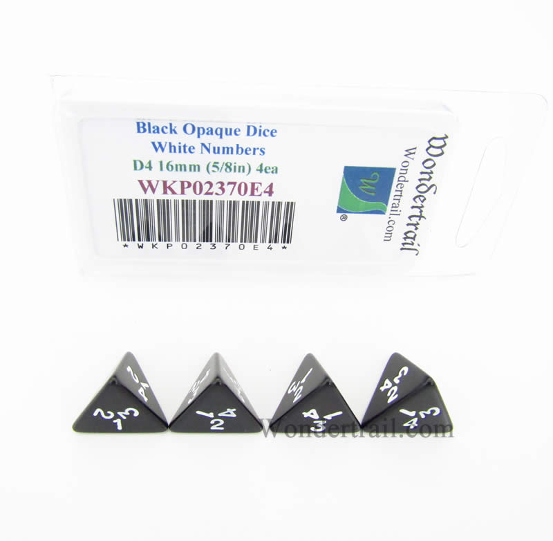 WKP02370E4 Black Opaque Dice White  Numbers D4 16mm (5/8in) Pack of 4 (ONLINE ORDER ONLY)