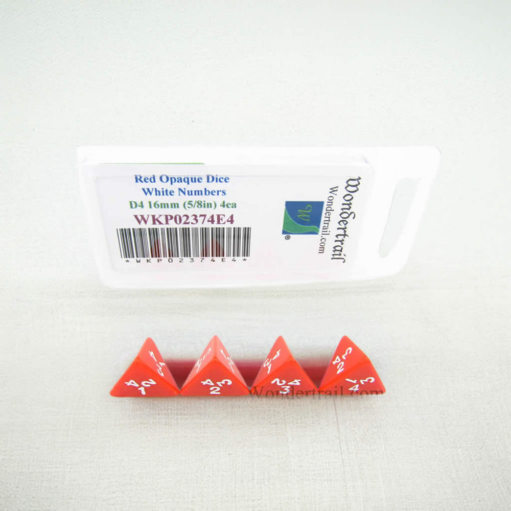 WKP02374E4 Red Opaque Dice White Numbers D4 16mm (5/8in) Pack of 4 (ONLINE ORDER ONLY)