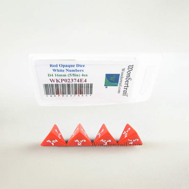 WKP02374E4 Red Opaque Dice White Numbers D4 16mm (5/8in) Pack of 4 (ONLINE ORDER ONLY)