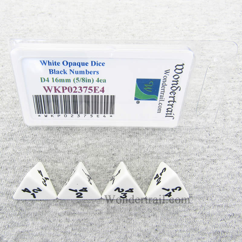 WKP02375E4 White Opaque Dice Black Numbers D4 16mm (5/8in) Pack of 4 (ONLINE ORDER ONLY)