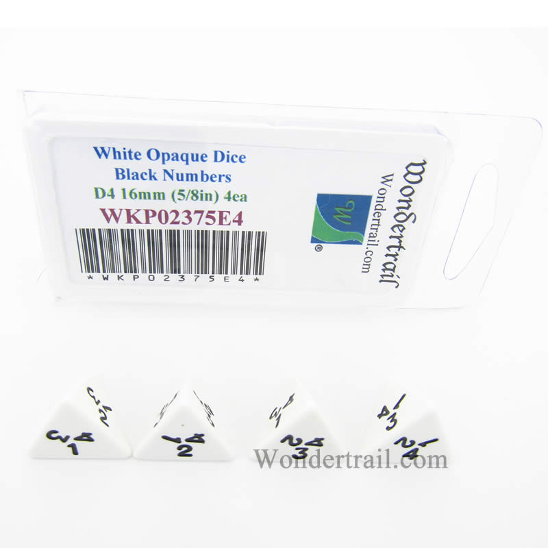 WKP02375E4 White Opaque Dice Black Numbers D4 16mm (5/8in) Pack of 4 (ONLINE ORDER ONLY)