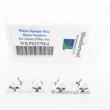 WKP02375E4 White Opaque Dice Black Numbers D4 16mm (5/8in) Pack of 4 (ONLINE ORDER ONLY)