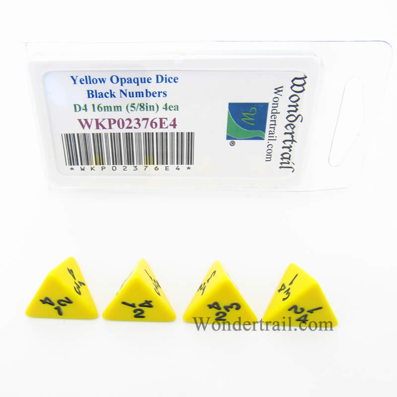 WKP02376E4 Yellow Opaque Dice Black Numbers D4 16mm Pack of 4 (ONLINE ORDER ONLY)