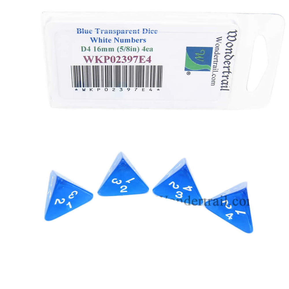 WKP02397E4 Blue Transparent Dice White Numbers D4 16mm Pack of 4 (ONLINE ORDER ONLY)