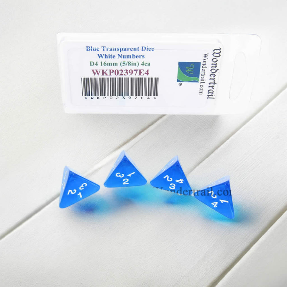 WKP02397E4 Blue Transparent Dice White Numbers D4 16mm Pack of 4 (ONLINE ORDER ONLY)