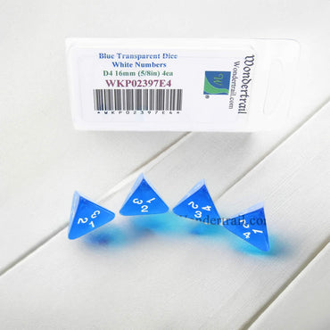 WKP02397E4 Blue Transparent Dice White Numbers D4 16mm Pack of 4 (ONLINE ORDER ONLY)