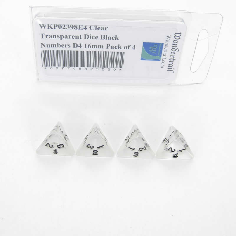 WKP02398E4 Clear Transparent Dice Black Numbers D4 16mm Pack of 4 (ONLINE ORDER ONLY)