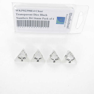 WKP02398E4 Clear Transparent Dice Black Numbers D4 16mm Pack of 4 (ONLINE ORDER ONLY)