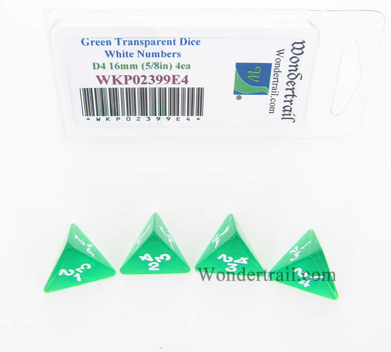 WKP02399E4 Green Transparent Dice White Numbers D4 16mm Pack of 4 (ONLINE ORDER ONLY)