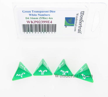 WKP02399E4 Green Transparent Dice White Numbers D4 16mm Pack of 4 (ONLINE ORDER ONLY)